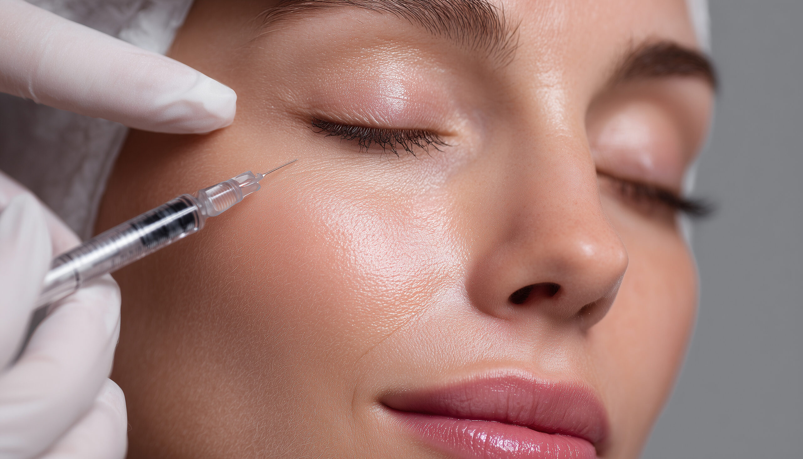 Closeup of cosmetic injection with syringe and needle, dermal filler used for wrinkle reduction and rejuvenation on face areas